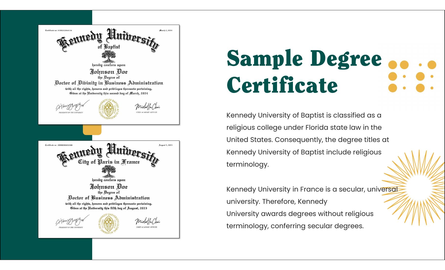 Sample Kennedy University of Baptist degree certificate