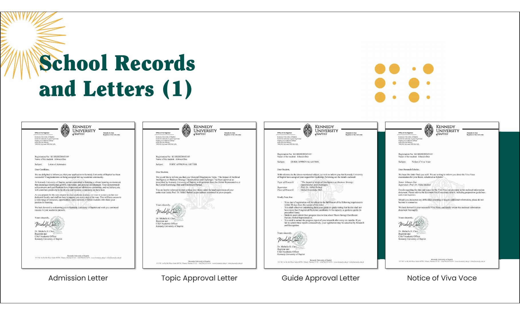 Admission, topic approval, guide approval and viva letters
